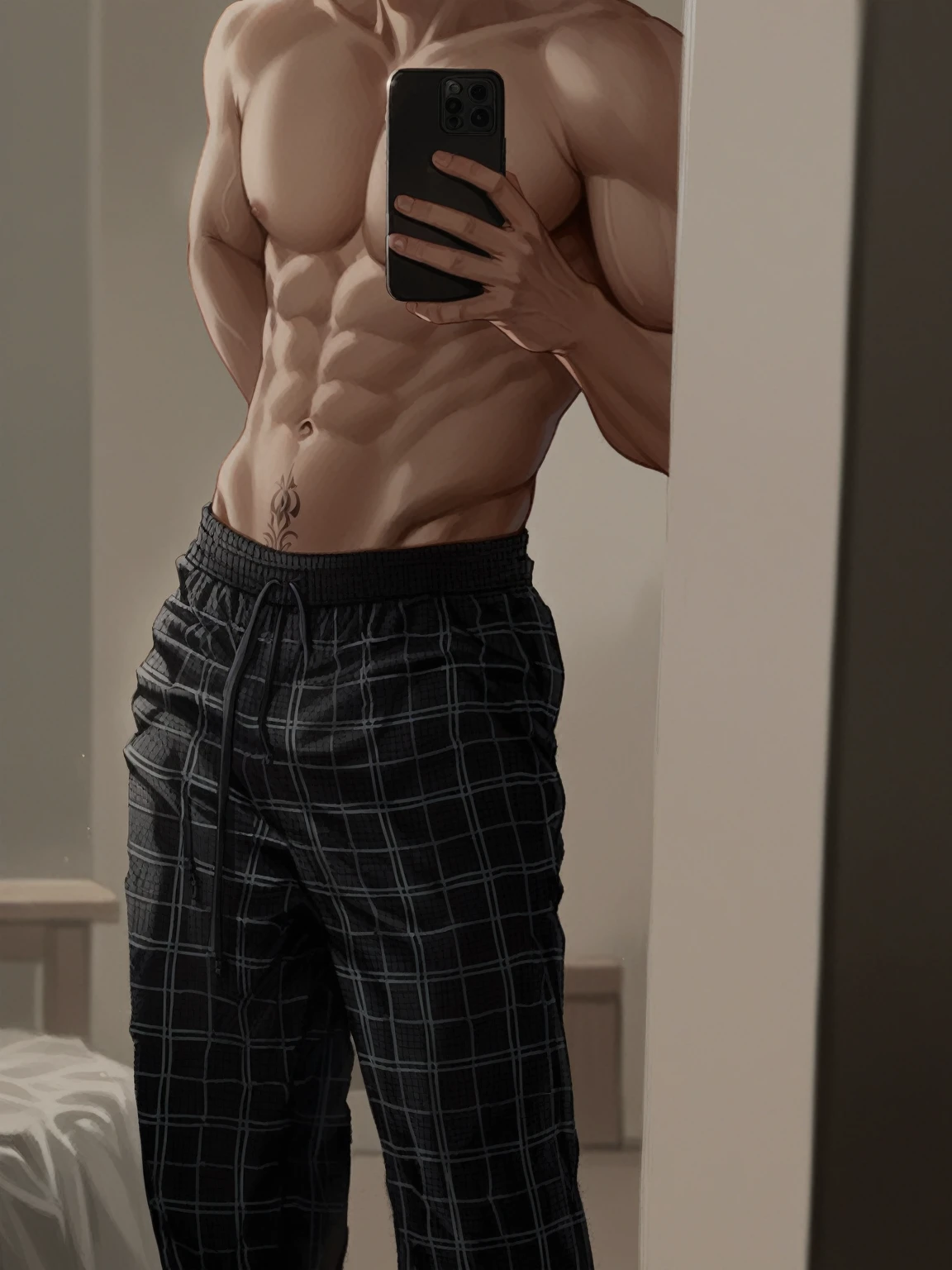 jeon jungkook from BTS in gray sweatpants, shirtless, in front of the mirror, with defined chest, arms and abdomen, no tattoo