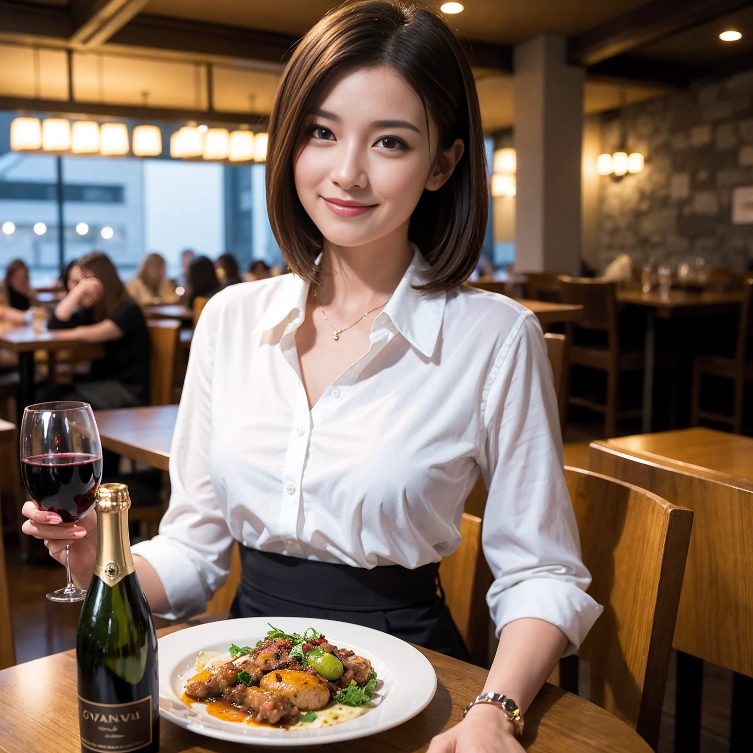 ((Highest quality、8K、masterpiece:1.3))、slimカップル、Pink rubber、modelカップル、(Realistic, Intricate details:1.2), full-course dinner、Wine Party、Amazing view of the sunset sky and clouds、A bright smile、The wonderfulness of smile、Bright image、The beauty of wine, Beautiful Face, blue eyes, The light shines on your face, Blushing, short hair,Bright Face、 (Age 37), 39 years old, red wine 、Appetizers、Italian food、Wine bottle、Champagne、sparkling wine、Two beauties、Brown Hair、Shortcuts、Long sleeve shirt、dress、Beautiful woman 1, (slimな顔), (The body is slim), (Brown Hair), (Shortcuts), cheeks turn a little red,Attractive beauty、restaurant, In a prominent place (From the waist up) Nova Frog Style, actress, model, Upper Body, White wine, slim, wine glass, 中央に置かれたwine glass, smile, (smile: 1.15), Beautiful fine grain, Depth f/2,saturation, High Contrast, Strong light and shadow,Moist Body:1.5、3D texture、Delicate eyes、Brown Hair、The hair is very shiny、