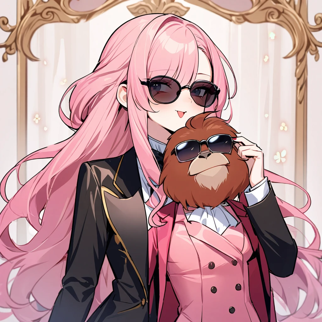 The theme is a Beauty and the Beast,(one orangutan character,wearing dinner jacket,wearing sunglasses,muscle),((one human girl wearing dress,pink long hair,cute,beautiful,lovely)),
