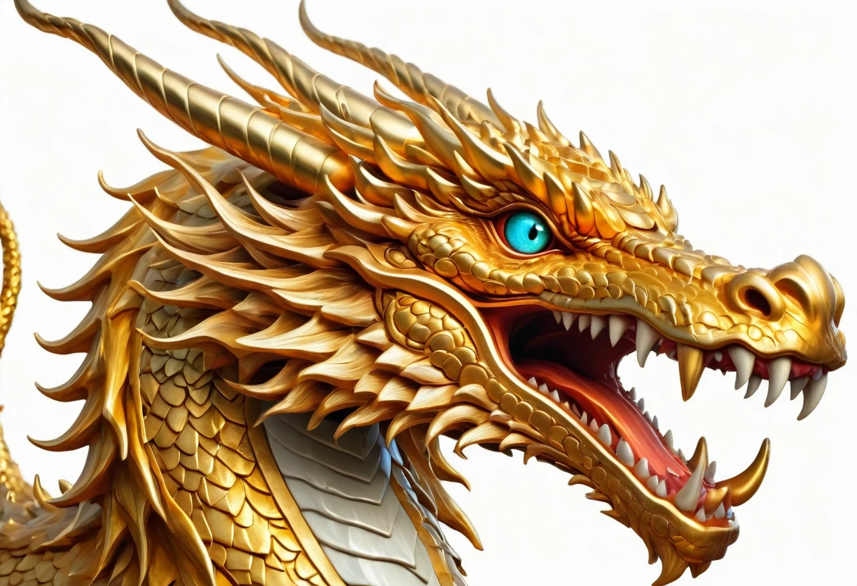 A golden oriental dragon，Golden dragon，Golden faucet，Horns on the head，fear，Scary，Huge teeth，ferocious，（side view：1.2），White background，cartoon，Second Dimension