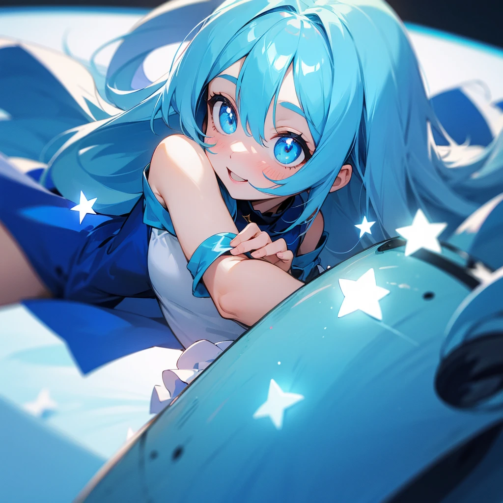 Girl with star pupils, happy, blue cute dress, blue eyes, cyan hair