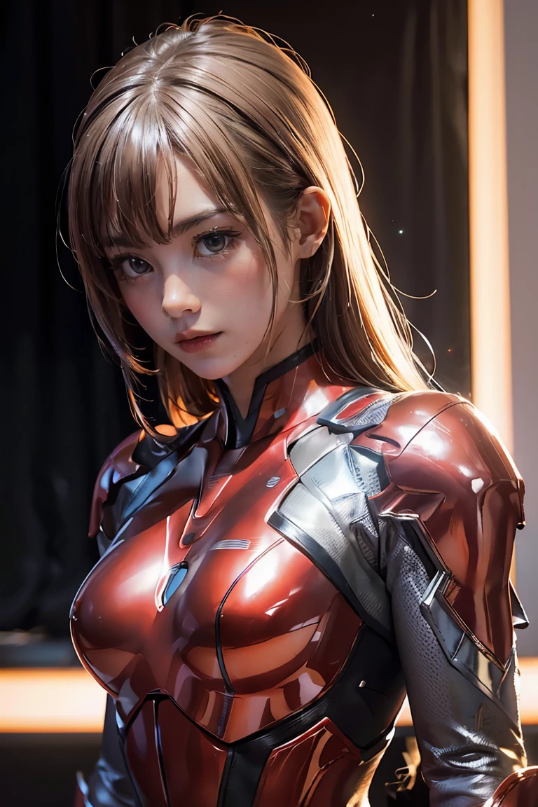 ultraman、realistic、realistic、movie light, Young woman in a shiny red and silver suit、 years、professional photos、wear'Don't expose your skin., Japanese model, Japanese CGI、ultraman Suit、, Power Rangers set、Tight and thin cyber suit,Has rubber all over.、there's pink there、 delicate body, big breasts、small ass、thin thighs、Thin arms、Thin waist、camel toe、Both sides of the cybersuit cling to the skin.、Big eyes、black short hair、Facing the front、Facing the front立っている、A glowing sphere is embedded in the chest..、essay exam、 blue sky background