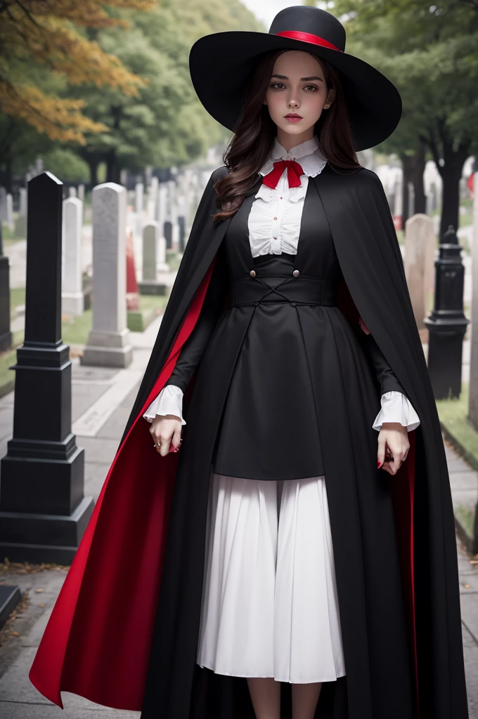 A tall white man, in a black hat with red details, a black cape he must have a black cane too, holding hands with one of the brown hair wearing a black skirt with red details and a black blouse, they must be in a cemetery