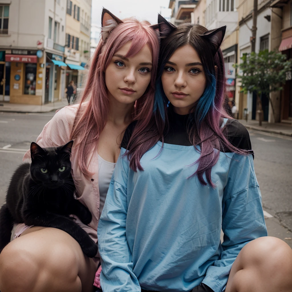 Girl with cat, black cat, pink hair blue eyes, avatar
