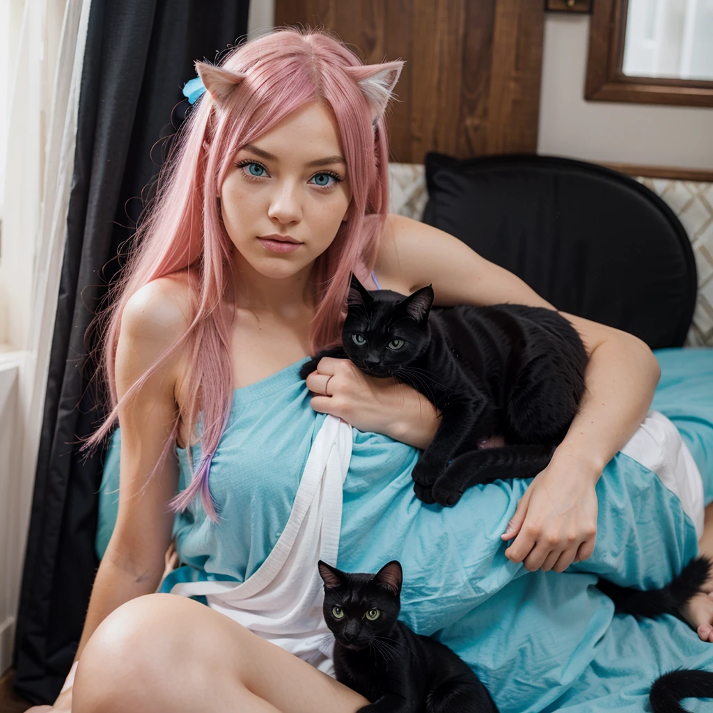 Girl with cat, black cat, pink hair blue eyes, avatar