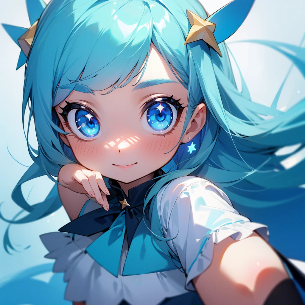 Girl with star pupils, happy, blue cute dress, blue eyes, cyan hair