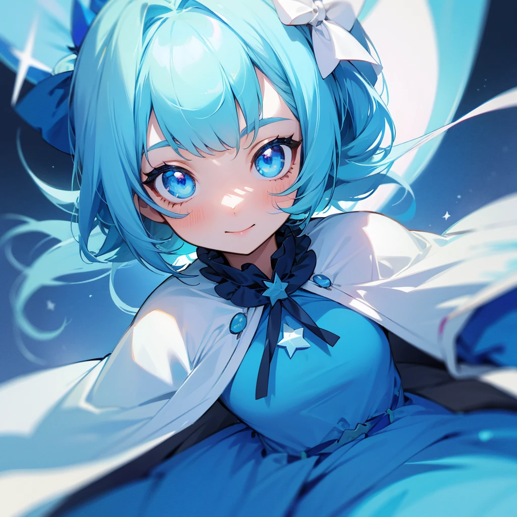 Girl with star pupils, happy,  blue cute dress, blue eyes, cyan hair