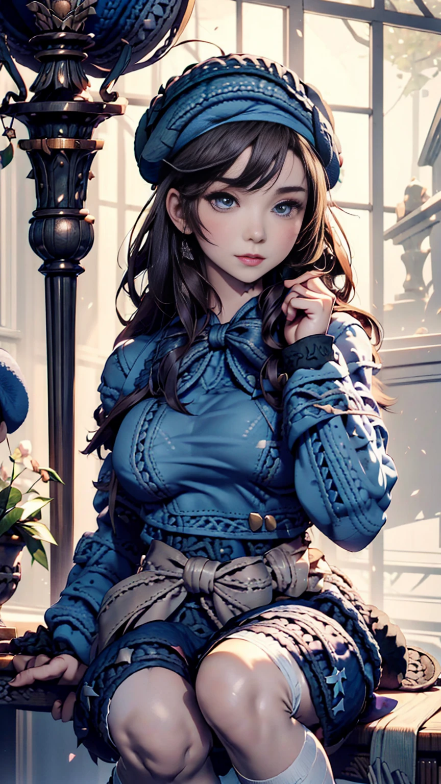 (iwanagadress:1.2), (Rock vine:0.9),(beret:1.8), Kotoko Iwanaga, One girl, beret, black bow, blue skirt, bow, Brown footwear, Cane, dress, hair bow, Have, Holding, Holding Cane, Juliet Sleeve, Light brown hair, Long sleeve, View your viewers, petticoat, Puffy sleeves, Purple eyes, short hair, skirt, alone, Thigh straps, Knee socks, white dress, White Hat, white Knee socks, Kyokou suiri