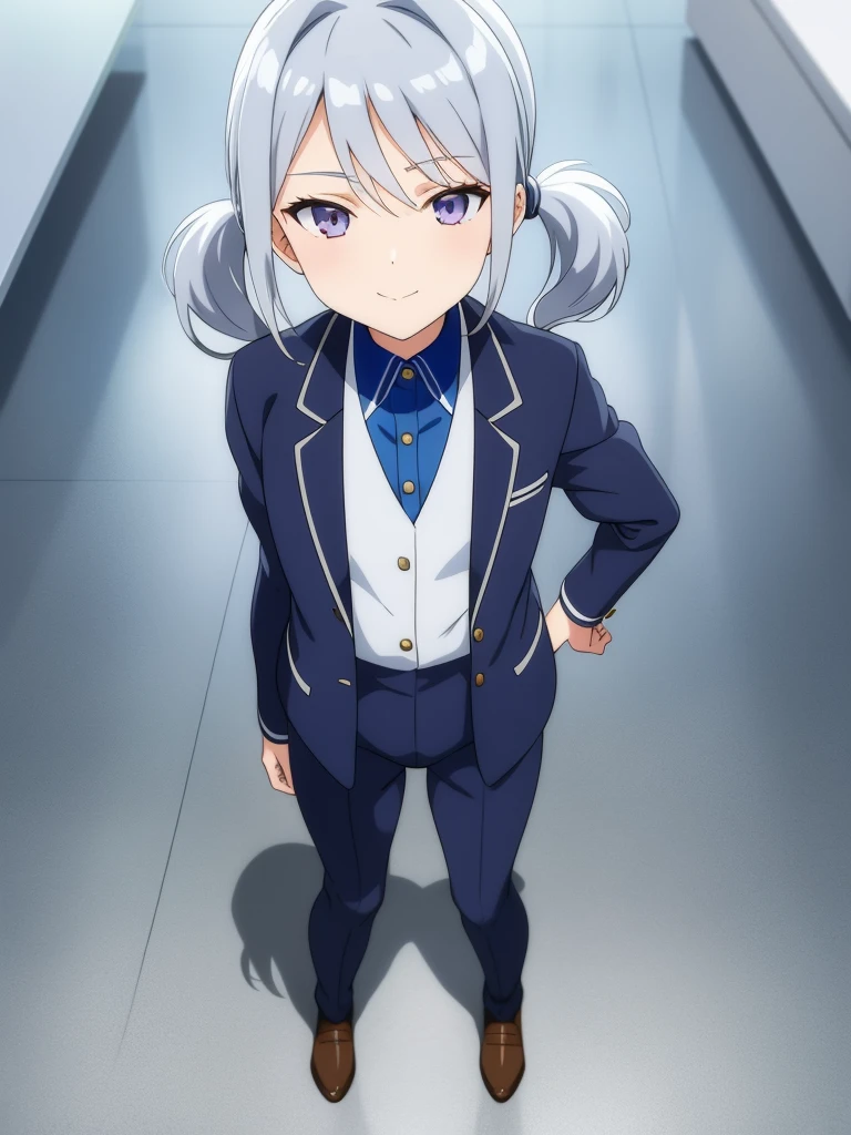 1girl, anime girl, silver hair, long twintails, silver eyes, dark blue school suit, closed mouth small smile, small closing eyes