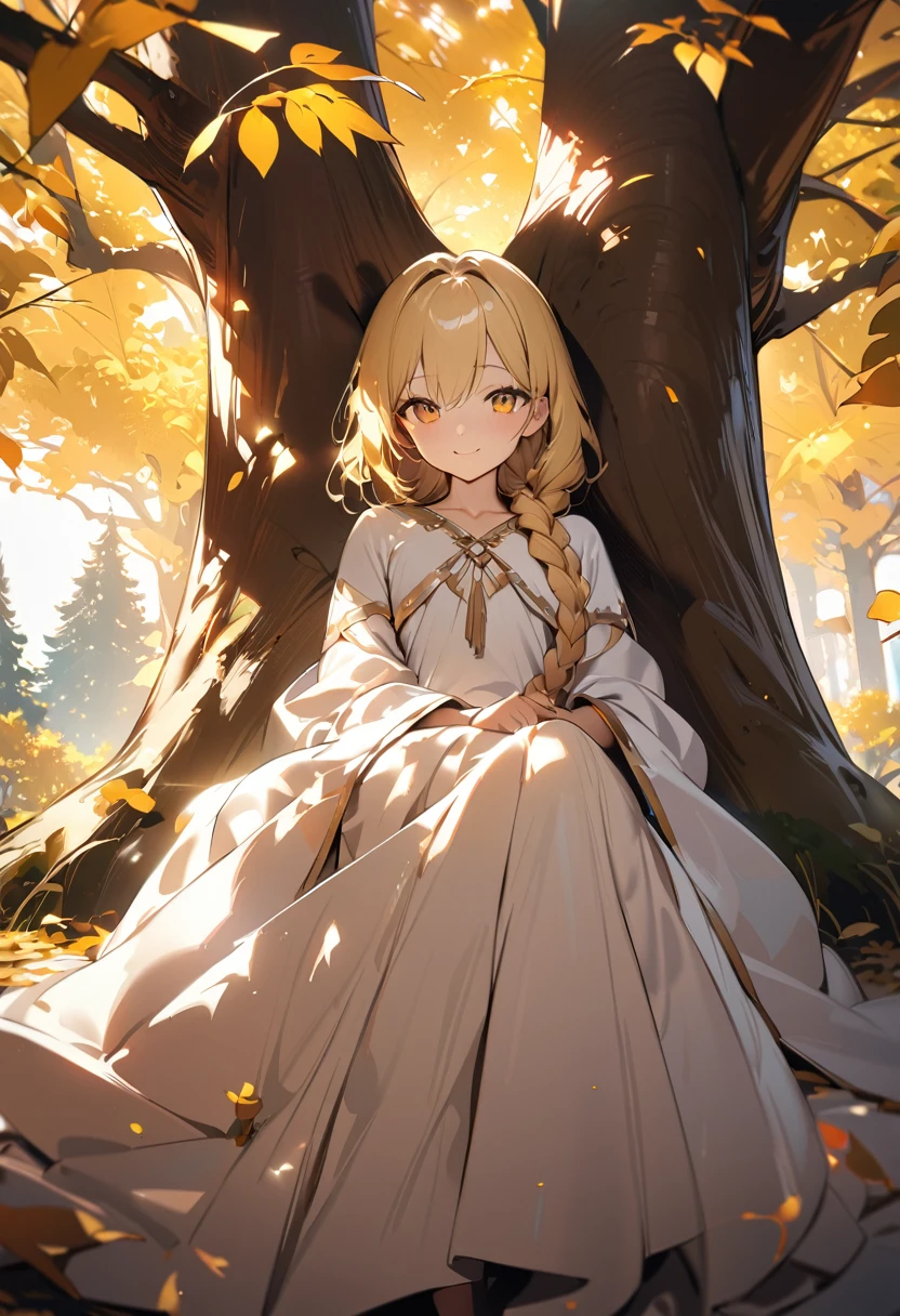 1boy, long overflowing blonde hair loosely braided, golden eyes, subtle holy glow, looking at viewer, smiling, white robes, flat chest, girly boy, gigantic tree with golden leaves background, textured skin, award winning, high details, incredible high-key lighting and shadows, masterpiece, UHD, UHD, UHD, UHD