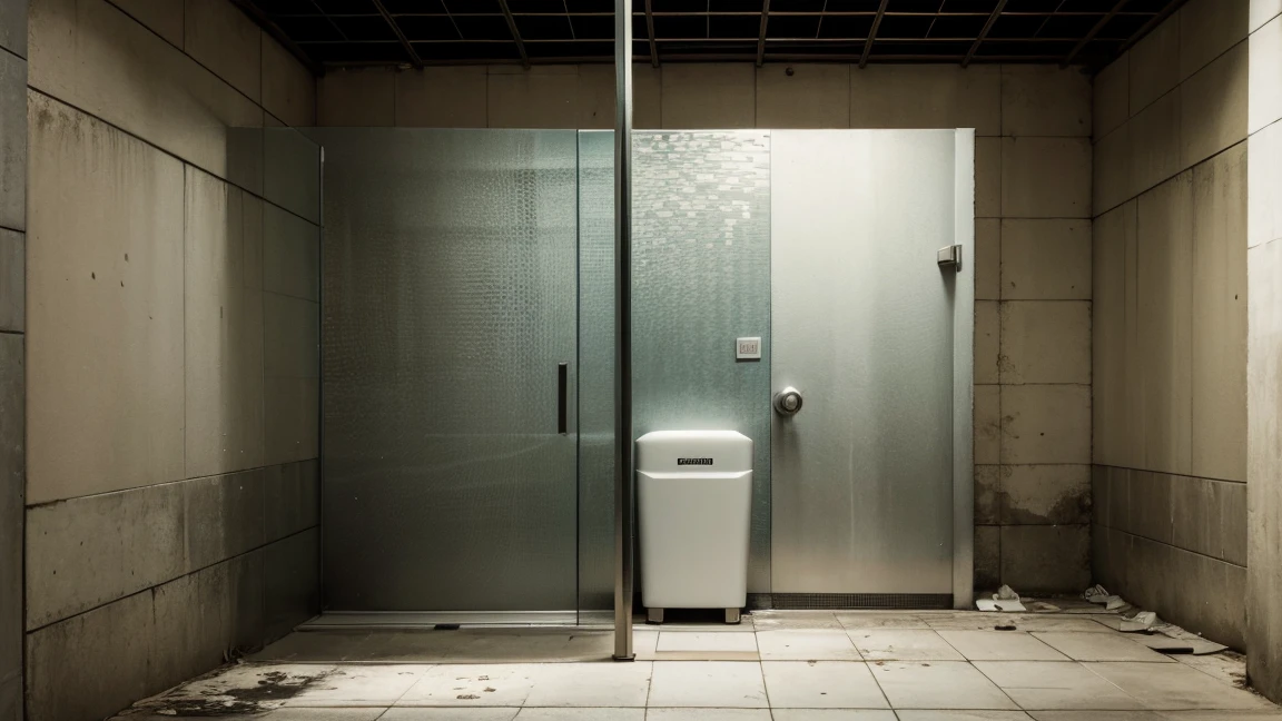 Abandoned public shower without stall, realistic clean, cool tone, high quality