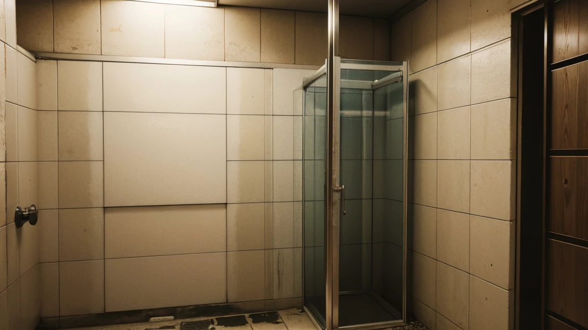 Abandoned public shower without stall, realistic clean, cool tone, high quality