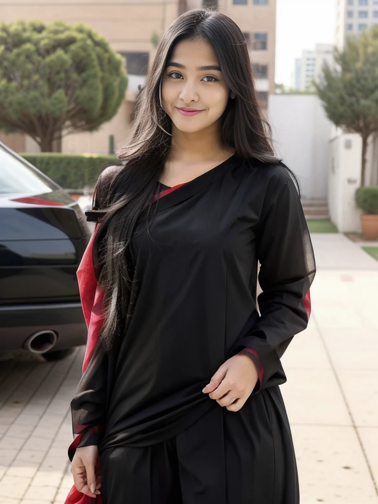 Lovely cute young attractive teenage girl, city girl, 18 years old, cute, an Instagram model, long black_hair, colorful hair one side, shy smile, black red salwar kameez