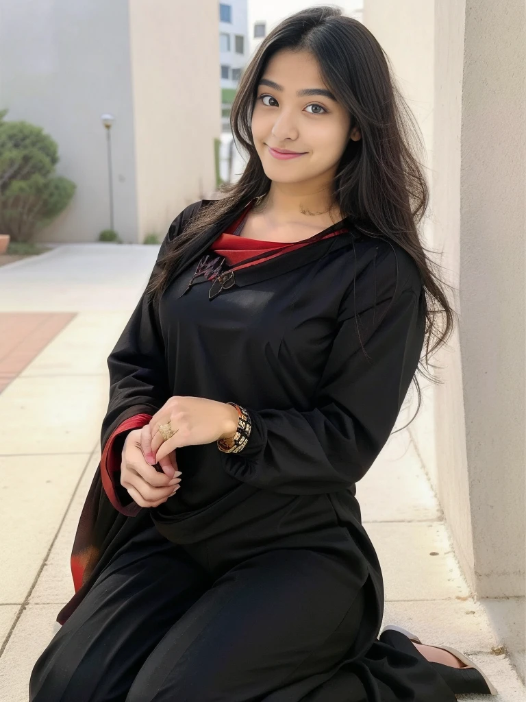 Lovely cute young attractive teenage girl, city girl, 18 years old, cute, an Instagram model, long black_hair, colorful hair one side, shy smile, black red salwar kameez