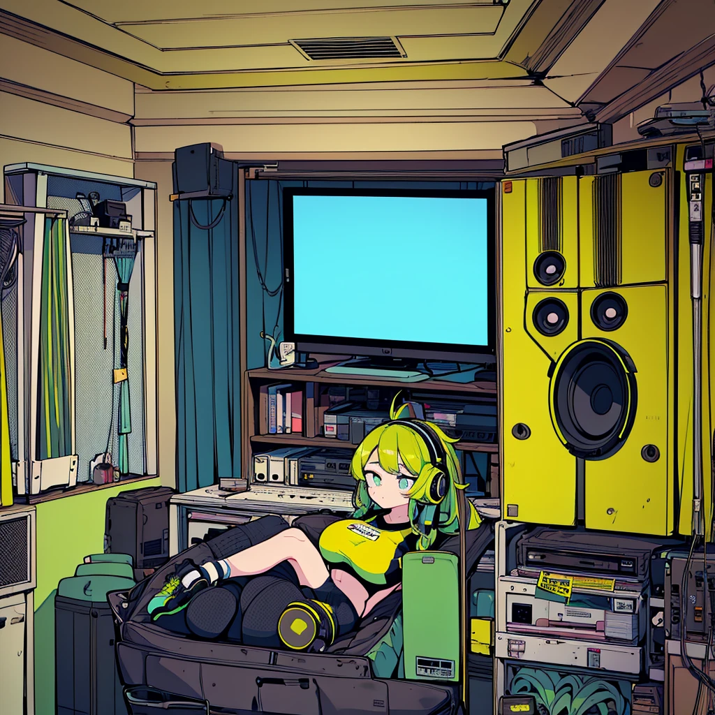 Best quality, (masterpiece), best detail face,1 girl, big breasts, 18 yo, 8k,absurdres,unity 8k wall paper,(extremely detailed:1.3), highest realistic, (retro headphones:), Her room full of music equipment and plants, tight sports wear , See the whole room, She is leaving the room, dark yellow color palette
