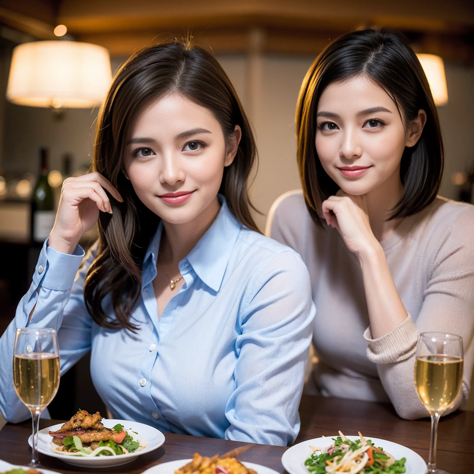 ((Highest quality、8K、masterpiece:1.3))、slimカップル、Pink rubber、modelカップル、(Realistic, Intricate details:1.2), full-course dinner、Wine Party、Amazing view of the sunset sky and clouds、A bright smile、The wonderfulness of smile、Bright image、The beauty of wine, Beautiful Face, blue eyes, The light shines on your face, Blushing, short hair,Bright Face、 (Age 37), 39 years old, red wine 、Appetizers、Italian food、Wine bottle、Champagne、sparkling wine、Two beauties、Brown Hair、Shortcuts、Long sleeve shirt、dress、Beautiful woman 1, (slimな顔), (The body is slim), (Brown Hair), (Shortcuts), cheeks turn a little red,Attractive beauty、restaurant, In a prominent place (From the waist up) Nova Frog Style, actress, model, Upper Body, White wine, slim, wine glass, 中央に置かれたwine glass, smile, (smile: 1.15), Beautiful fine grain, Depth f/2,saturation, High Contrast, Strong light and shadow,Moist Body:1.5、3D texture、Delicate eyes、Brown Hair、The hair is very shiny、