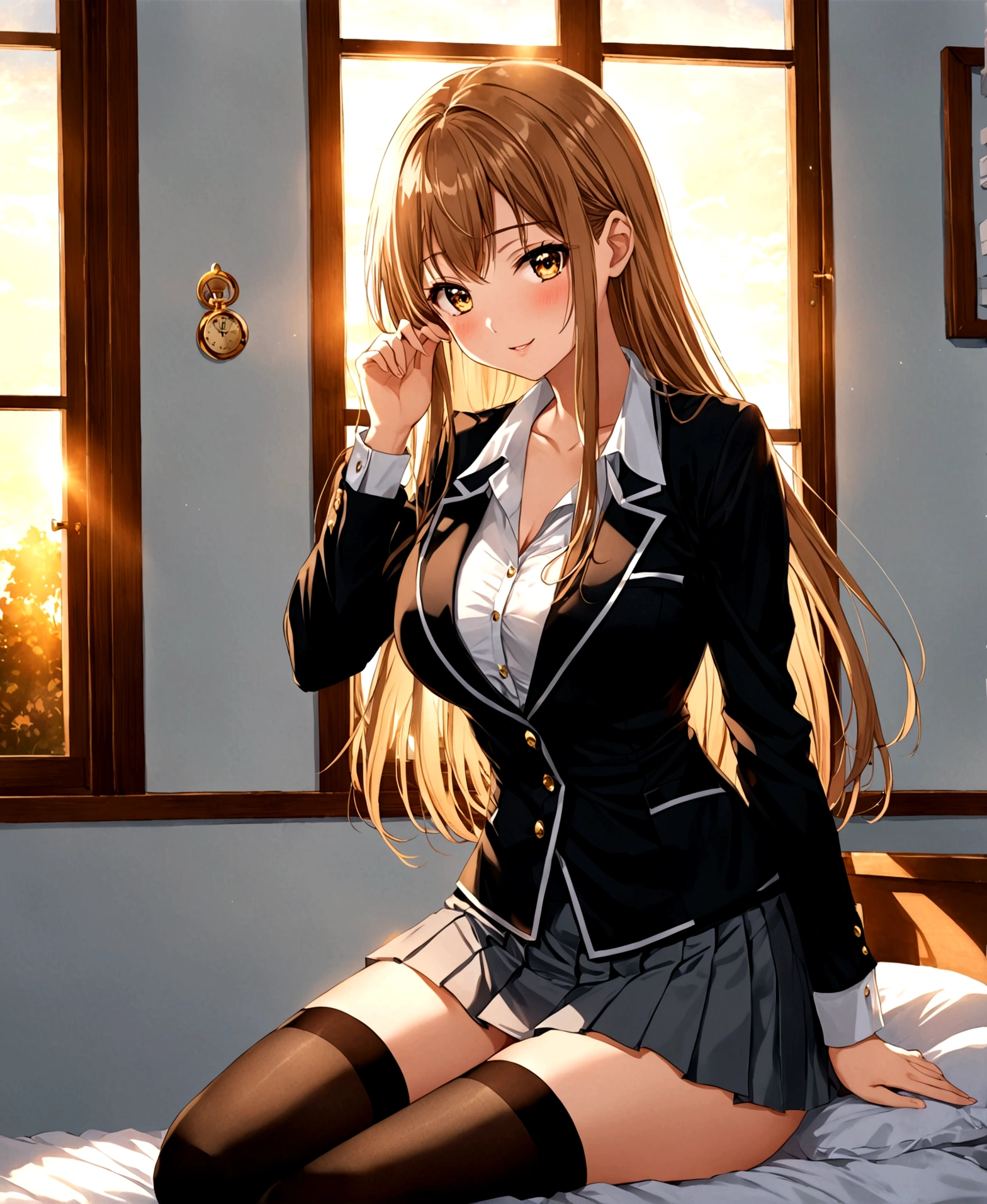 In a private school for women, a beautiful female student, in the dormitory, in her room, with her back to the door, stroking her hair with her fingers, winking, blushing, looking at the viewer, slightly hunched back, simple decoration, feminine atmosphere, sunset, sunlight penetrating through the window, /(extremely long straight hair, almond-shaped eyes, hourglass-shaped athletic body, large breasts, medium hip, medium waist, shapely legs, perfect fingers, Greek nose, perfect hands, triangular face,), /(uniform: white V-neck blouse long sleeves, gray pleated mini skirt, black satin blazer with gold buttons, black thigh-high stockings held up by garters,),