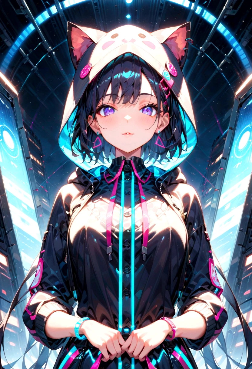 score_9, score_8_up, score_7_up, score_6_up, Anime girl with black hair and cat hat, Anime-style illustrations, Moe art style, Wallpaper 8K, Digital Illustration, Beautiful cat girl, She wears a hoodie with animal ears and techno-wear technology, futuristic fashion in black and Holographic colors, There are lots of details and buttons, Cable coming out of sleeve, The background features a simple pattern of cat motifs and paw prints., Purple and Black, Black Cat's Eyes, Holographic, Holo Details
