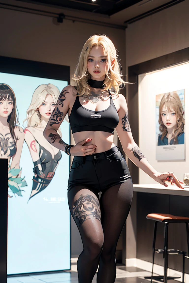 (Browsing Caution:1.2), Full Body Shot,Centered, (UHigh resolution, retina, masterpiece, Accurate, Anatomically correct, Textured skin, Very detailed, Attention to detail, high quality, 最high quality, High resolution, 1080P, High resolution, 4K, 8K, 16K), (美しいAttention to detail目, Beautiful lip detail, Very detailed目と顔), Soft lighting, (Portraiture, Shiny Hair, Shiny skin), Eye Reflexes, blonde, panties, (((Tight waist))), ((Big Breasts)),(See-through),Streetwear,jewelry, (((He has many tattoos all over his body)),