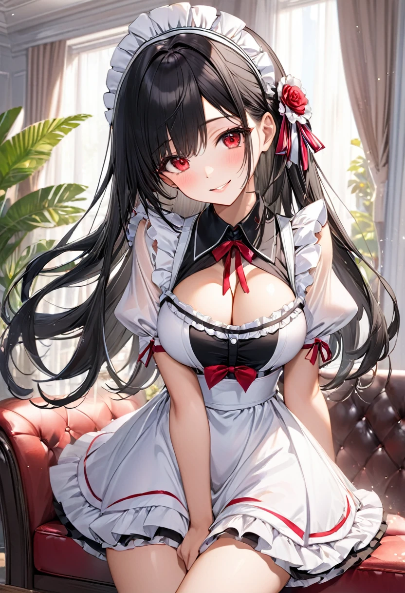 (talking style) (in a summer maid clothes), (solo:2, 18 yo straight black hair long hair cool dominance girl, detailed cool red eyes, love smile, big ), break, in the lounge, BREAK, perfect , masterpiece, best quality, 16k, beautiful detailed grow, daydreaming expression.