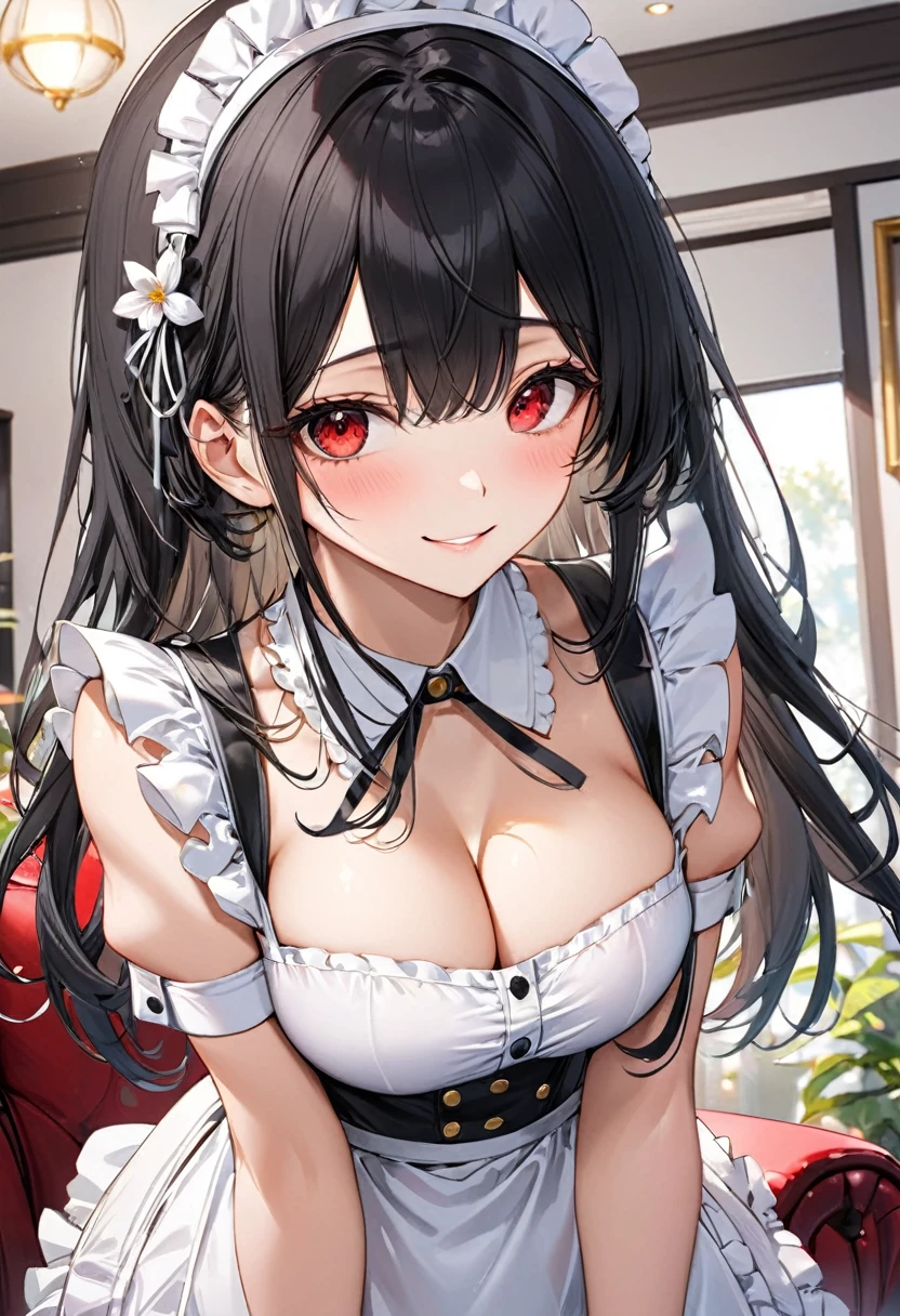 (talking style) (in a summer maid clothes), (solo:2, 18 yo straight black hair long hair cool dominance girl, detailed cool red eyes, love smile, big tits), break, in the lounge, BREAK, perfect anatomy, masterpiece, best quality, 16k, beautiful detailed grow, daydreaming expression.