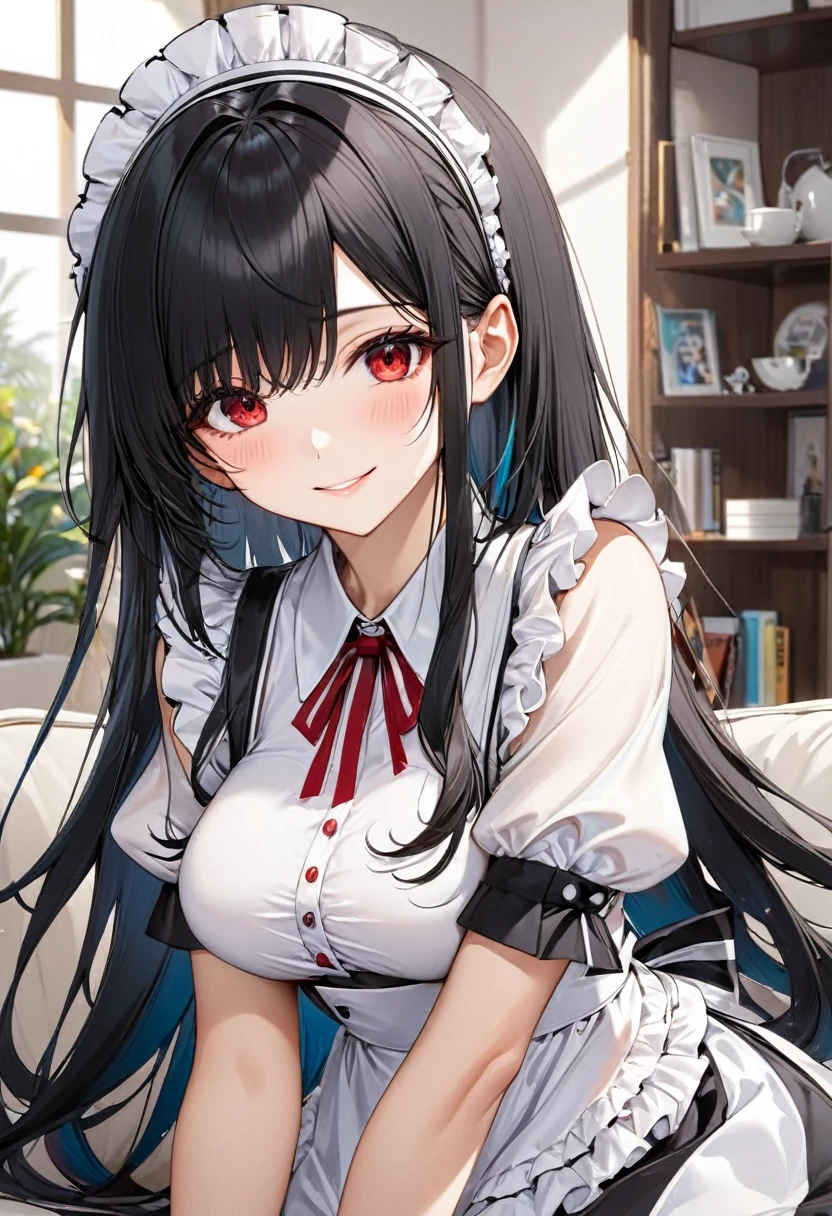 (talking style) (in a summer maid clothes), (solo:2, 18 yo straight black hair long hair cool dominance girl, detailed cool red eyes, love smile, big tits), break, in the lounge, BREAK, perfect ???????, masterpiece, best quality, 16k, beautiful detailed grow, daydreaming expression.