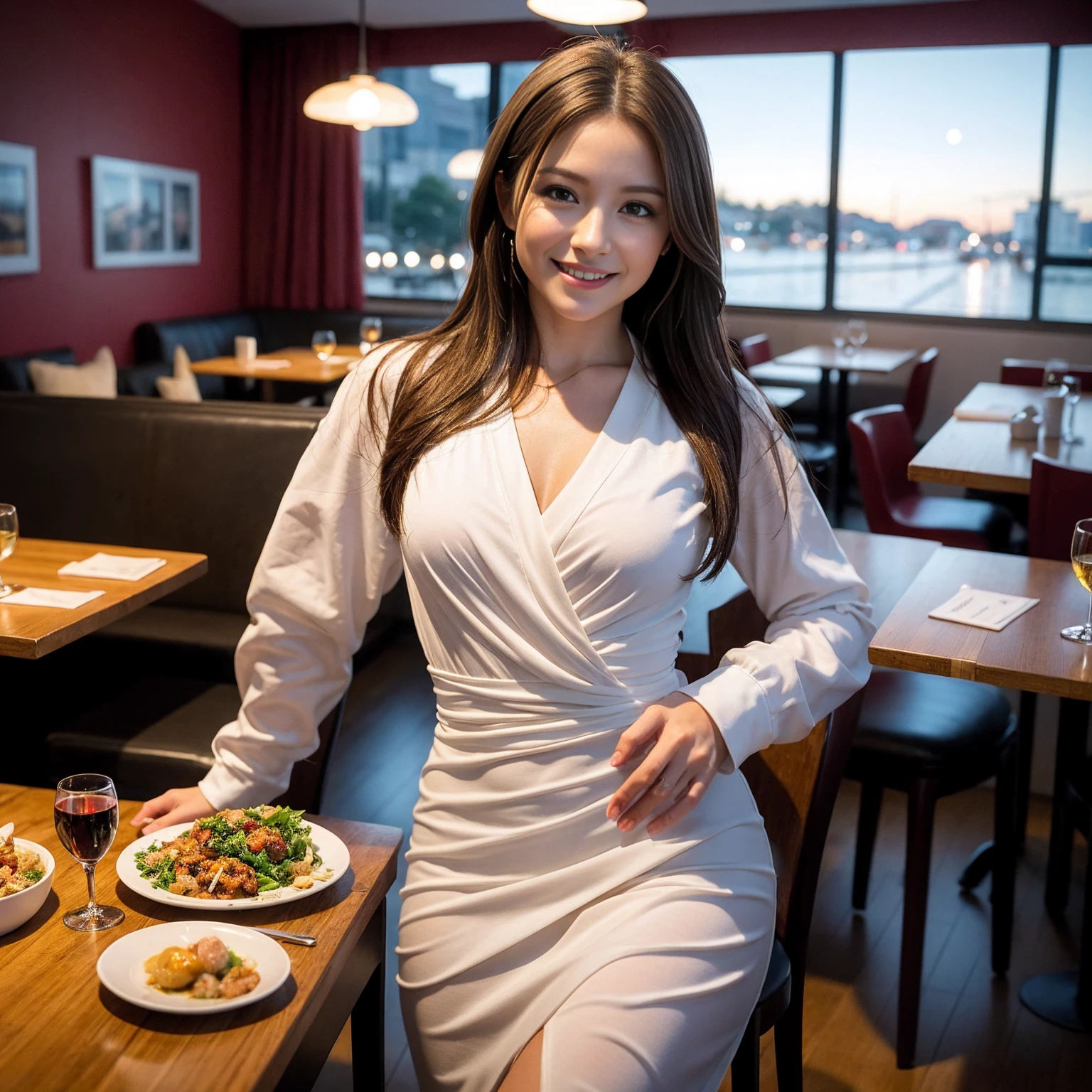 ((Highest quality、8K、masterpiece:1.3))、slimカップル、Pink rubber、modelカップル、(Realistic, Intricate details:1.2), full-course dinner、Wine Party、Amazing view of the sunset sky and clouds、A bright smile、The wonderfulness of smile、Bright image、The beauty of wine, Beautiful Face, blue eyes, The light shines on your face, Blushing, short hair,Bright Face、 (Age 37), 39 years old, red wine 、Appetizers、Italian food、Wine bottle、Champagne、sparkling wine、Two beauties、Brown Hair、Shortcuts、Long sleeve shirt、dress、Beautiful woman 1, (slimな顔), (The body is slim), (Brown Hair), (Shortcuts), cheeks turn a little red,Attractive beauty、restaurant, In a prominent place (From the waist up) Nova Frog Style, actress, model, Upper Body, White wine, slim, wine glass, 中央に置かれたwine glass, smile, (smile: 1.15), Beautiful fine grain, Depth f/2,saturation, High Contrast, Strong light and shadow,Moist Body:1.5、3D texture、Delicate eyes、Brown Hair、The hair is very shiny、