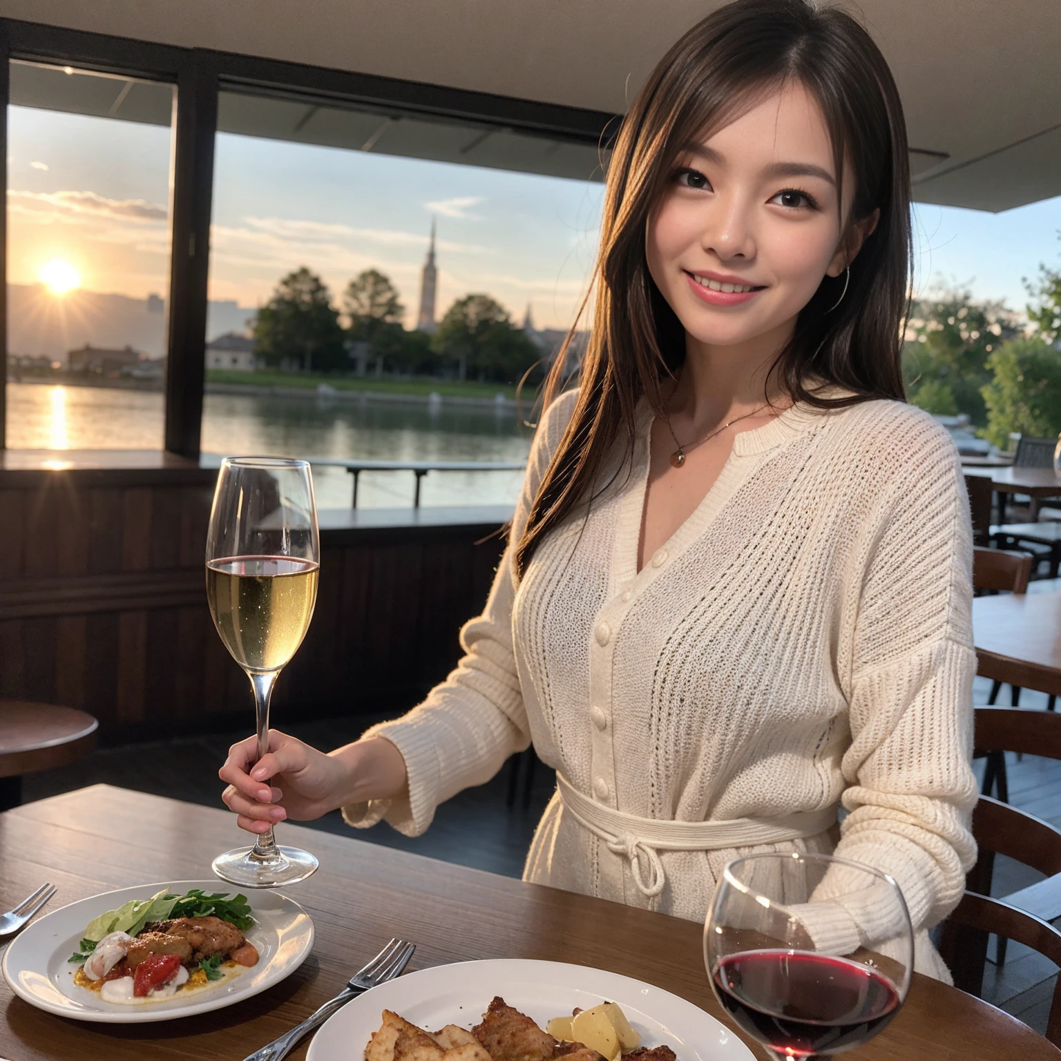 (Realistic:1.1),(masterpiece,Highest quality),8k,(49 years old), 53 years old, ベリーslimボディ、slimカップル、Tight waist,Upper Body,full-course dinner、wine 、Amazing view of the sunset sky and clouds、Perfect Anatomy, Brown Hair, short hair,Random Hairstyles,((Highly detailed face and eyes:1.2)),Perfect golden ratio face,Long sleeve shirt、dress,(smile:1.2)、Shortcuts、cute、(Realistic, Intricate details:1.2), A bright smile、short hair,Bright Face、赤wine 、Appetizers、Italian food、wine bottle、Champagne、スパークリングwine、(slimな顔), (The body is slim), (Brown Hair), (Shortcuts), Upper Body, 白wine, slim, wineグラス,
