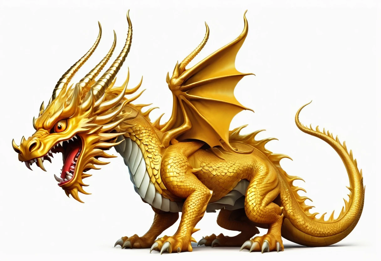 A golden oriental dragon，Golden Dragon，Golden faucet，Horns on the head，fear，Scary，Huge teeth，ferocious，（((side view：1.5))），White background，cartoon，Second Dimension