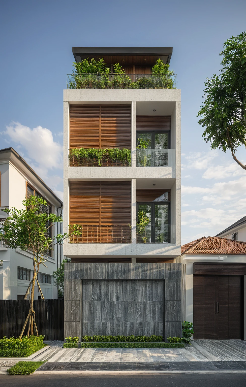 modern villa on street, (overcast lighting:1.2), tropical tree, vivid color, streetcapes, nice sky, grey and wwhite tone, (large glass door:1.2), warm interior lighting, modern material, best quality, ultra realistic, masterpiece, 17ArchiAI_XL_VL-v1