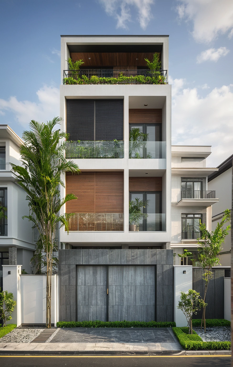 modern villa on street, (overcast lighting:1.2), tropical tree, vivid color, streetcapes, nice sky, grey and wwhite tone, (large glass door:1.2), warm interior lighting, modern material, best quality, ultra realistic, masterpiece, 17ArchiAI_XL_VL-v1