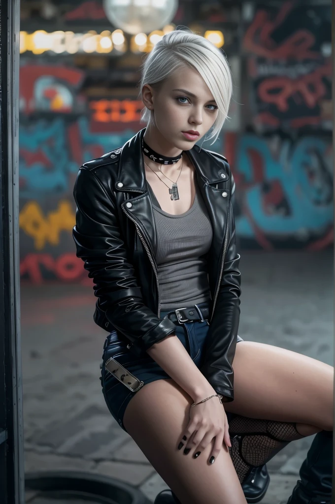 Masterpiece, a 18 year old German girl, very slim body, (1girl), alone,  hi top very short white-grey hair, blue-grey eyes, punk jewelry, Full body lesbian, choker necklace, black leather bandeau top, black jeans, teen model face, beautiful youthfull face, navel, midrif, flirting with the camera, smooth lighting, dim light, full body shot, very pale skin, lesbian, lesbian love, lesbian beauty, lesbian pose, seductive face, lesbian attitude, punk look, crowded underground lesbian bar in the background, 16K, ultra high res.photorealistic, UHD, RAW