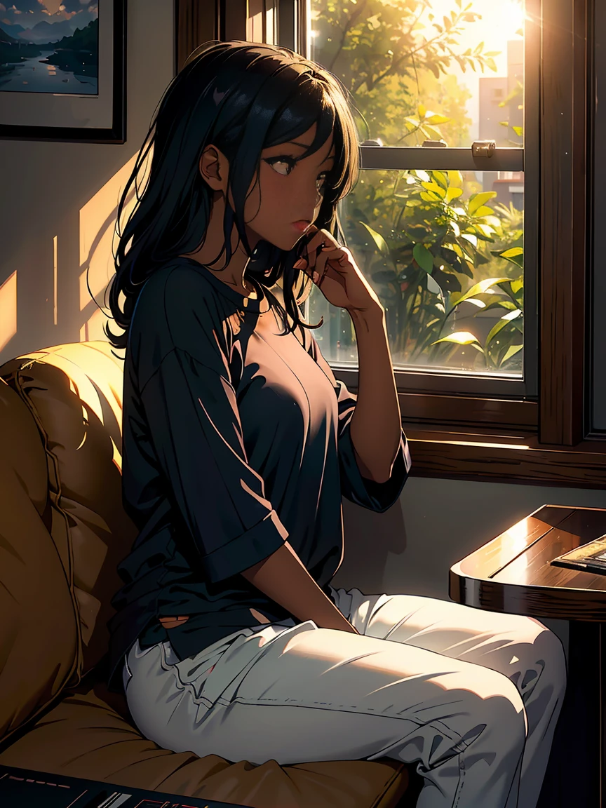 sunset, Depth of written boundary、High-resolution details, Super detailed、photograph、Surrealism、Soft volume light、alone (1 beautiful black girl with dark skin and realistic brown eyes, Thick lips and a black nose) 、Ray Tracing、Diffused (Glass reflection)、Casual clothing, Surrealism,(Sitting on the sofa at home looking sideways out the window:1.1)、The western sun shining through the window、House scenery, profile, Serious expression, sorrow