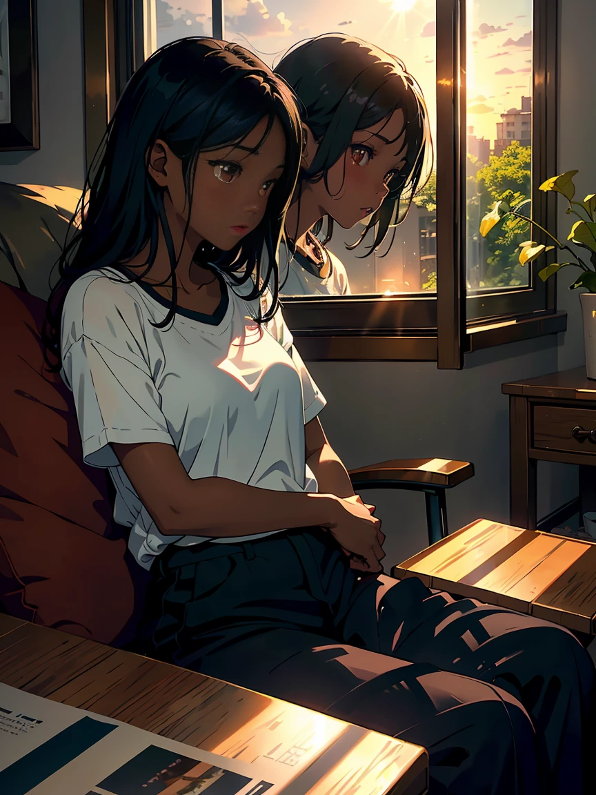 sunset, Depth of written boundary、High-resolution details, Super detailed、photograph、Surrealism、Soft volume light、alone (1 beautiful black girl with dark skin and realistic brown eyes, Thick lips and a black nose) 、Ray Tracing、Diffused (Glass reflection)、Casual clothing, Surrealism,(Sitting on the sofa at home looking sideways out the window:1.1)、The western sun shining through the window、House scenery, profile, Serious expression, sorrow