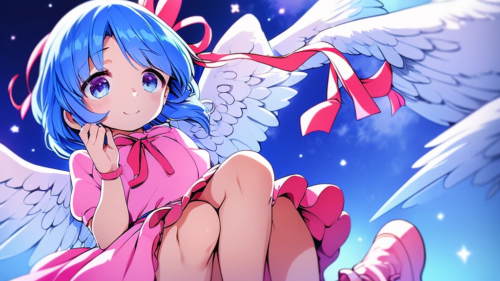 masterpiece, best quality, 1girl, , , 10 years old, medium blue hair, hair flaps, pink ribbon on head, well-formed face, blue eyes, angel girl, white blouse, puffy short sleeves, red ribbon, angel wings, long white skirt, red shoes, frills, hair ribbon