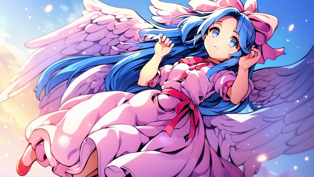 masterpiece, best quality, 1girl, , , 10 years old, medium blue hair, hair flaps, pink ribbon on head, well-formed face, blue eyes, angel girl, white blouse, puffy short sleeves, red ribbon, angel wings, long white skirt, red shoes, frills, ribbon head