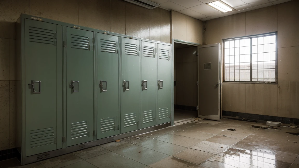 Abandoned locker shower room, cool tone, realistic, high quality