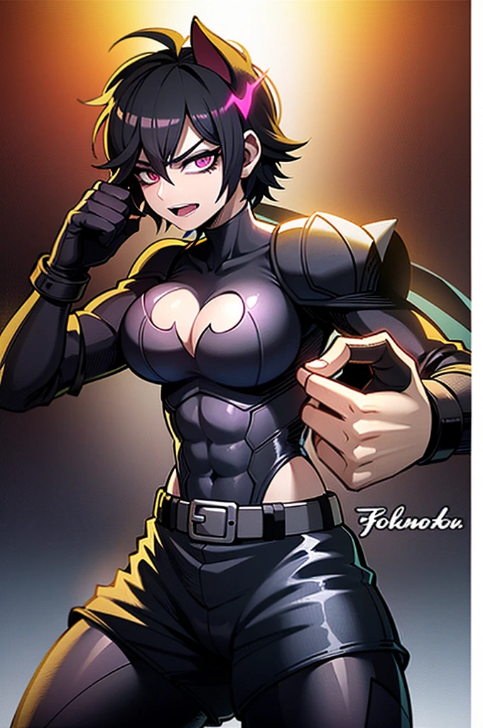 make an image with the style of boku no hero: A cat woman like BATMAN, a woman with a perfect toned and curvy body, with cat ears and a cat tail with black colors, huge black hair, purple eyes on top and pink on short, tight black latex outfit, with an expression like a wicked cat and she is a morning.