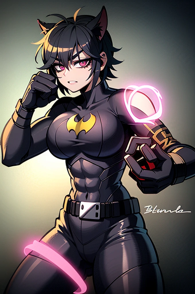 make an image with the style of boku no hero: A cat woman like BATMAN, a woman with a perfect toned and curvy body, with cat ears and a cat tail with black colors, huge black hair, purple eyes on top and pink on short, tight black latex outfit, with an expression like a wicked cat and she is a morning.