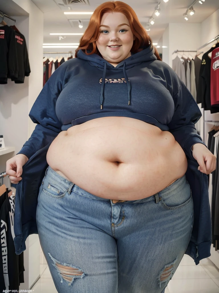 A happy photo of a young beautiful redhead ssbbw with long wavy ginger hair soft fat belly, very wide fat obese hips, thick fat wide legs and fat arms, cute pretty face, small breasts, blue eyes, freckles, in a cute covering hoodie and jeans, in a clothes shop