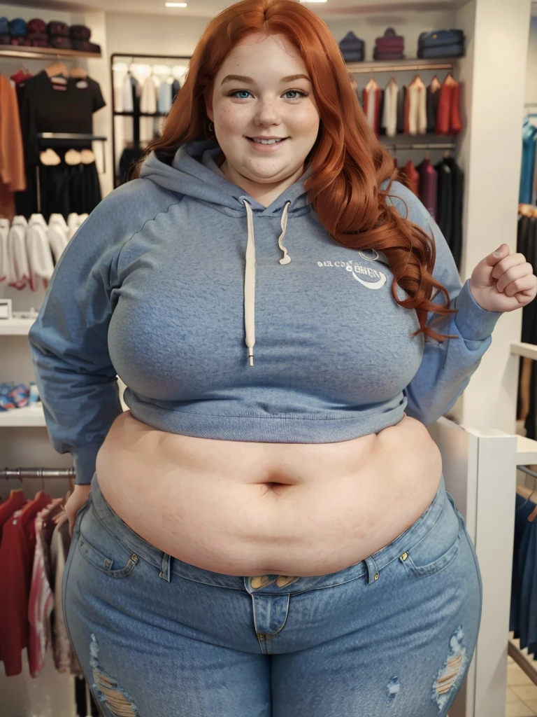A happy photo of a young beautiful redhead ssbbw with long wavy ginger hair soft fat belly, very wide fat obese , thick fat wide legs and fat arms, cute pretty face, small , blue eyes, freckles, in a cute covering hoodie and jeans, in a clothes shop