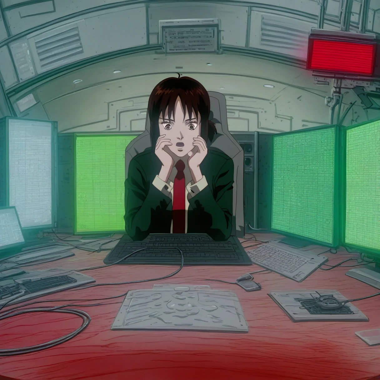 score_9,sauce_anime,One girl,alone,whole body,Red tie,Green Business Suit,Black,Brown eyes,Short Ponytail,Strobe light,Red light,Green traffic light,Shining Eyes,Look down,avert your eyes,Tilt your head forward,screen reflection,Sitting,Open your mouth,I am praying,Association,Looking back