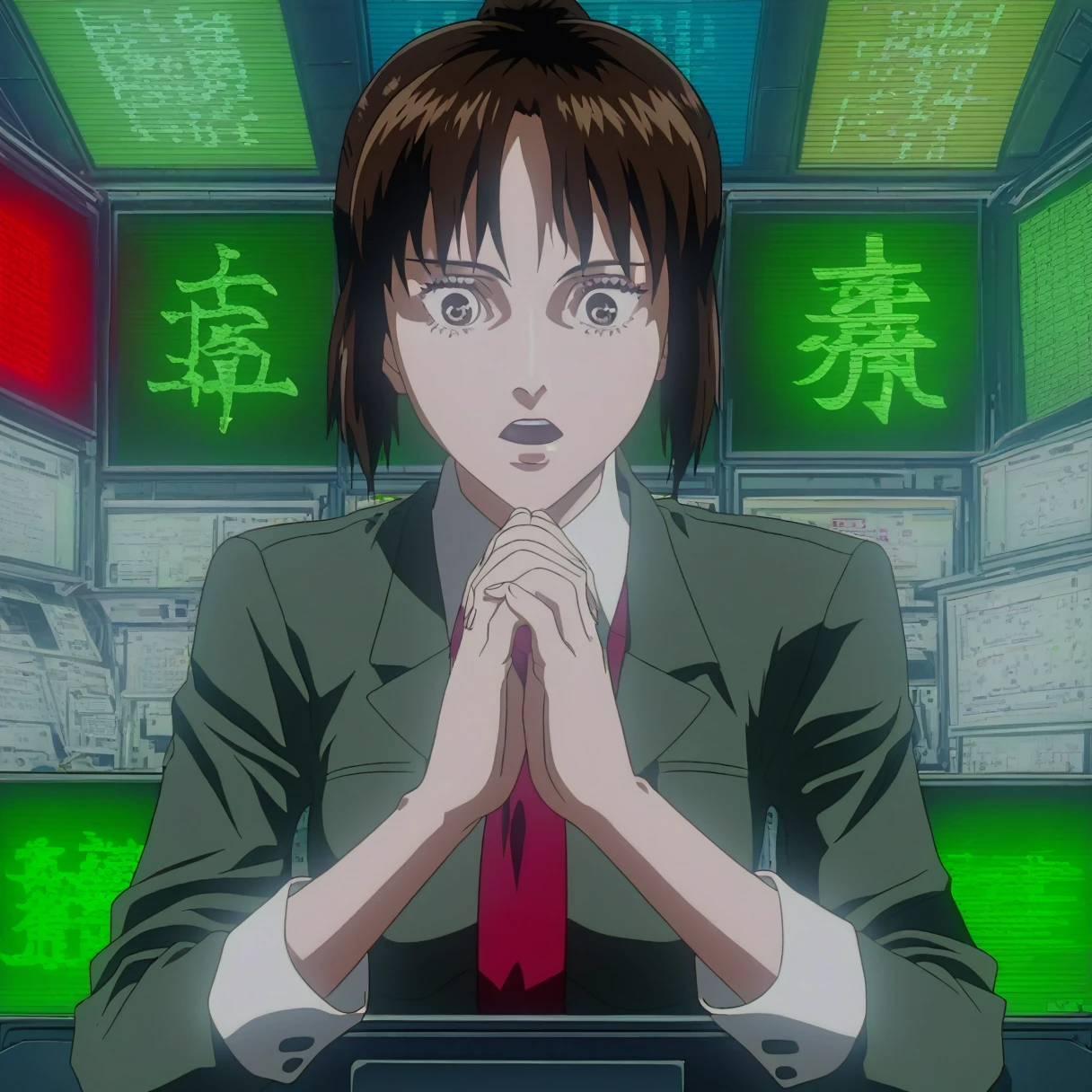 score_9,sauce_anime,One girl,alone,whole body,Red tie,Green Business Suit,Black,Brown eyes,Short Ponytail,Strobe light,Red light,Green traffic light,Shining Eyes,Look down,avert your eyes,Tilt your head forward,screen reflection,Sitting,Open your mouth,I am praying,Association,Looking back