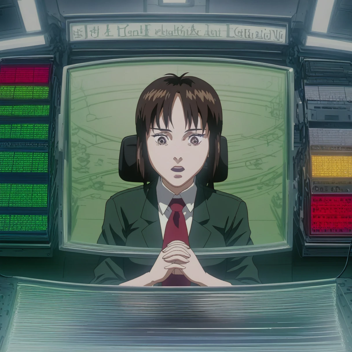 score_9,sauce_anime,One girl,alone,whole body,Red tie,Green Business Suit,Black,Brown eyes,Short Ponytail,Strobe light,Red light,Green traffic light,Shining Eyes,Look down,avert your eyes,Tilt your head forward,screen reflection,Sitting,Open your mouth,I am praying,Association,Looking back