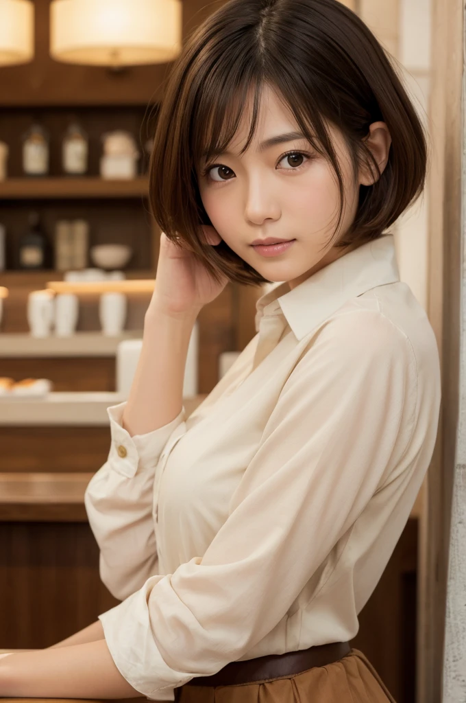 Highest quality, Face Focus, Soft Light, Ultra-high resolution, (Realistic:1.4), RAW Photos, 1 Japanese girl, alone, cute, (A shy smile:0.5), (Brown eyes, Light in your eyes), Beautiful face in every detail, (Small box),(High resolution detail of human skin texture), (Short Bob Hair), break, In a fashionable café,Beige is a fashion,White Shirt, skirt