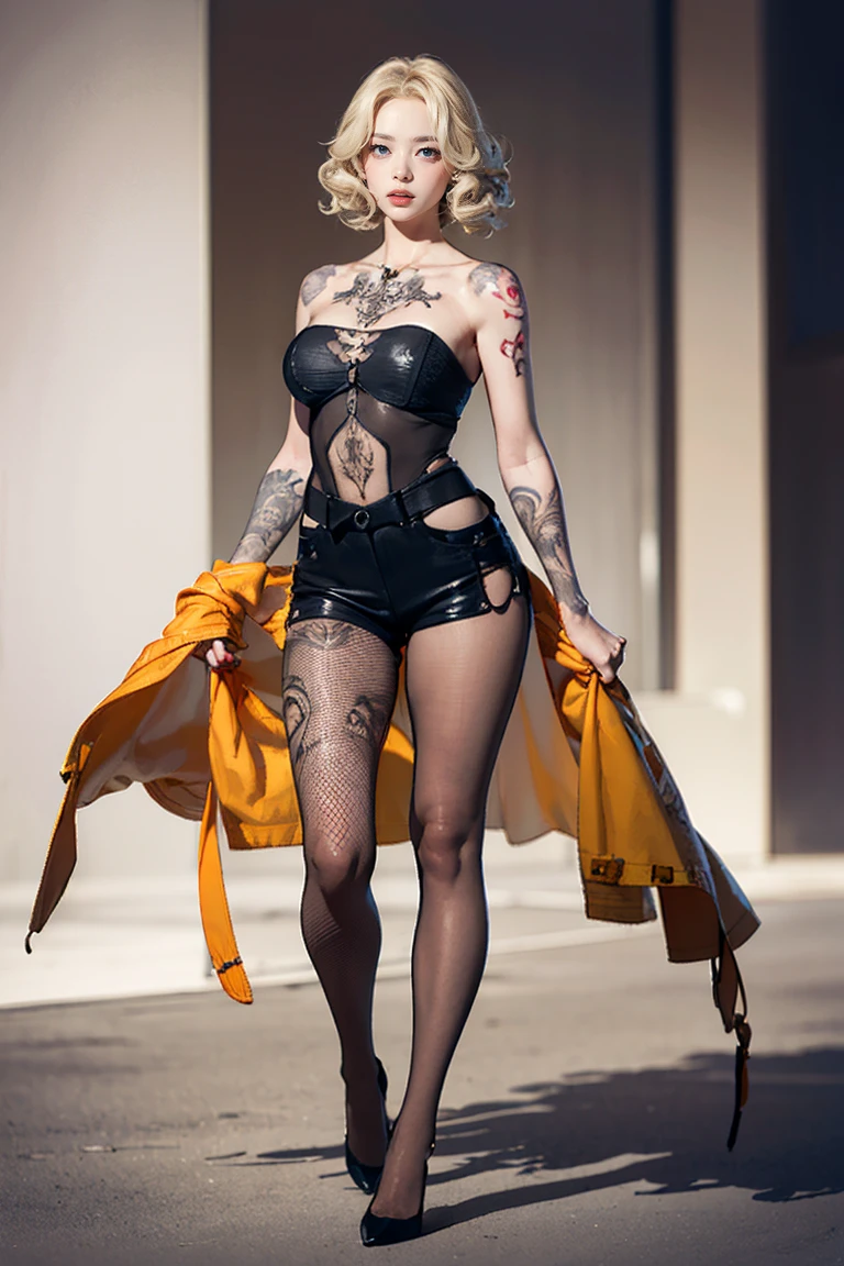 1girl, Sandy blonde hair with high pony and undercut on left side, hands behind head, 1 leg forward, contrapposto stance, scantily clad, strappy_high_heels, heavily tattooed, color tattooed, (wide angle:1.37), modeling on an NYC street 