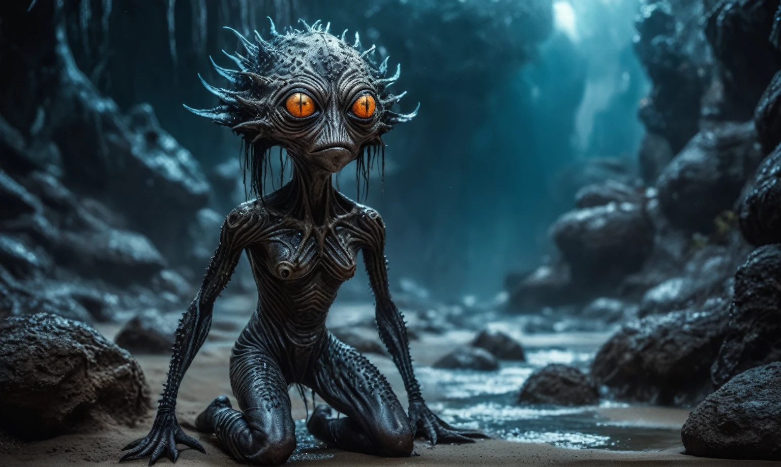 full body length shot,beggar graphite  Alien Entity,native africa sparas,slave ,nowadays azctec central city,Cinematic,soft colors, Technicolor,natural skin textures, hyper realism, hyper detailed,Extremely detailed,High contrast,Masterpiece,Realistic,Ultra Detailed, intricate details,realistic humid leather,extremely intricate details,Epic Realistic, cinematic style, irina yermolova,high contrast,hdr,extremely detailed, [deep night landscape],masterpiece, intricate details, eyes extremely detailed, high detailed eyes,8k resolution,retina, Nikon Z9,Korea,orc,Guangxi Zhuang of Italia, Pisces, transition between two art styles, Double contact, X-ray, Creative, vivid light, fantasy, Abstract, Surrealism, super detailed, high resolution,insanity wear,skin  almost translucent,  symbols of mourning and gothic elements, further emphasizing its dark air,Mestichino,Light particles,chaos,starfish's leather
