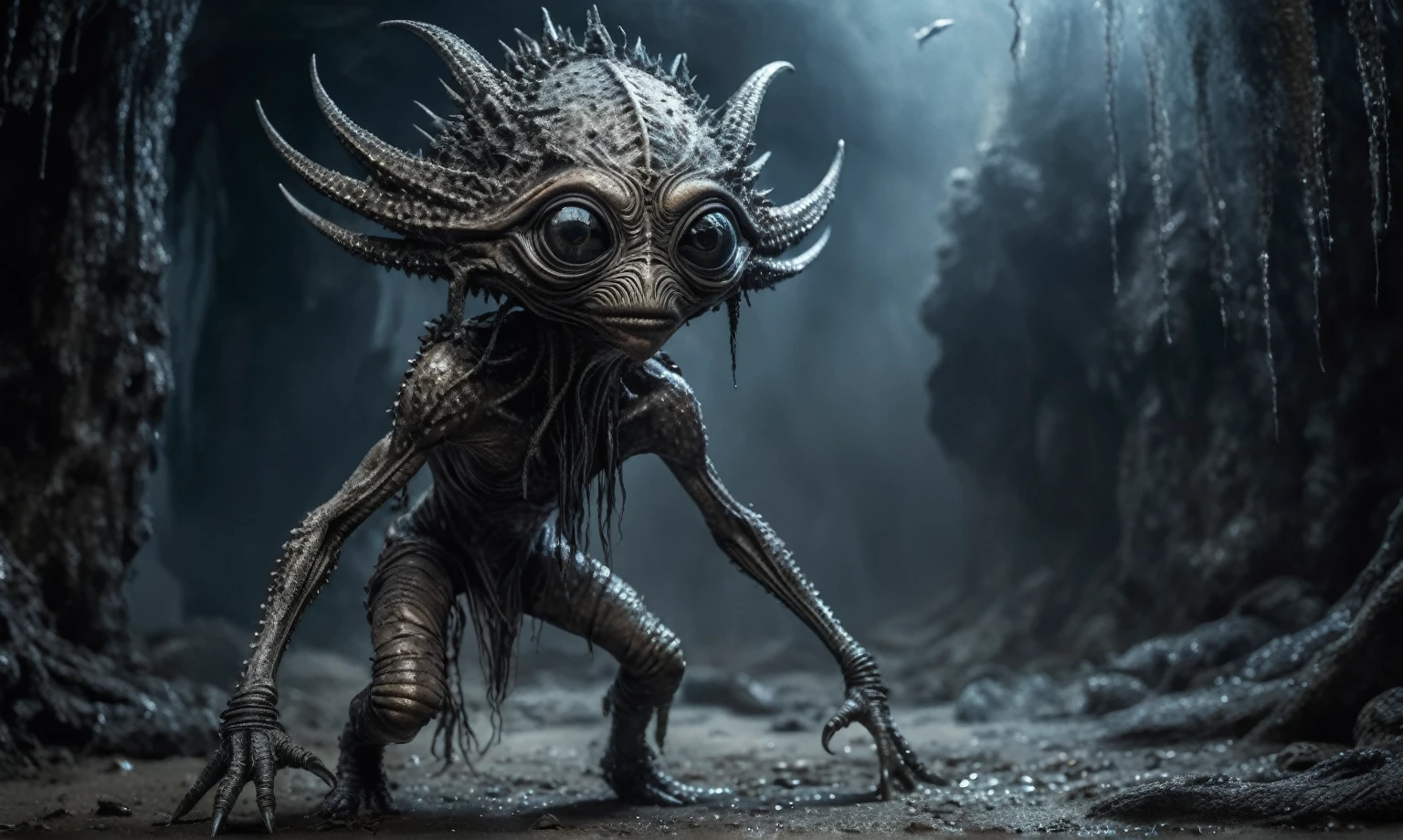full body length shot,beggar graphite  Alien Entity,native africa sparas,slave ,nowadays azctec central city,Cinematic,soft colors, Technicolor,natural skin textures, hyper realism, hyper detailed,Extremely detailed,High contrast,Masterpiece,Realistic,Ultra Detailed, intricate details,realistic humid leather,extremely intricate details,Epic Realistic, cinematic style, irina yermolova,high contrast,hdr,extremely detailed, [deep night landscape],masterpiece, intricate details, eyes extremely detailed, high detailed eyes,8k resolution,retina, Nikon Z9,Korea,orc,Guangxi Zhuang of Italia, Pisces, transition between two art styles, Double contact, X-ray, Creative, vivid light, fantasy, Abstract, Surrealism, super detailed, high resolution,insanity wear,skin  almost translucent,  symbols of mourning and gothic elements, further emphasizing its dark air,Mestichino,Light particles,chaos,starfish's leather
