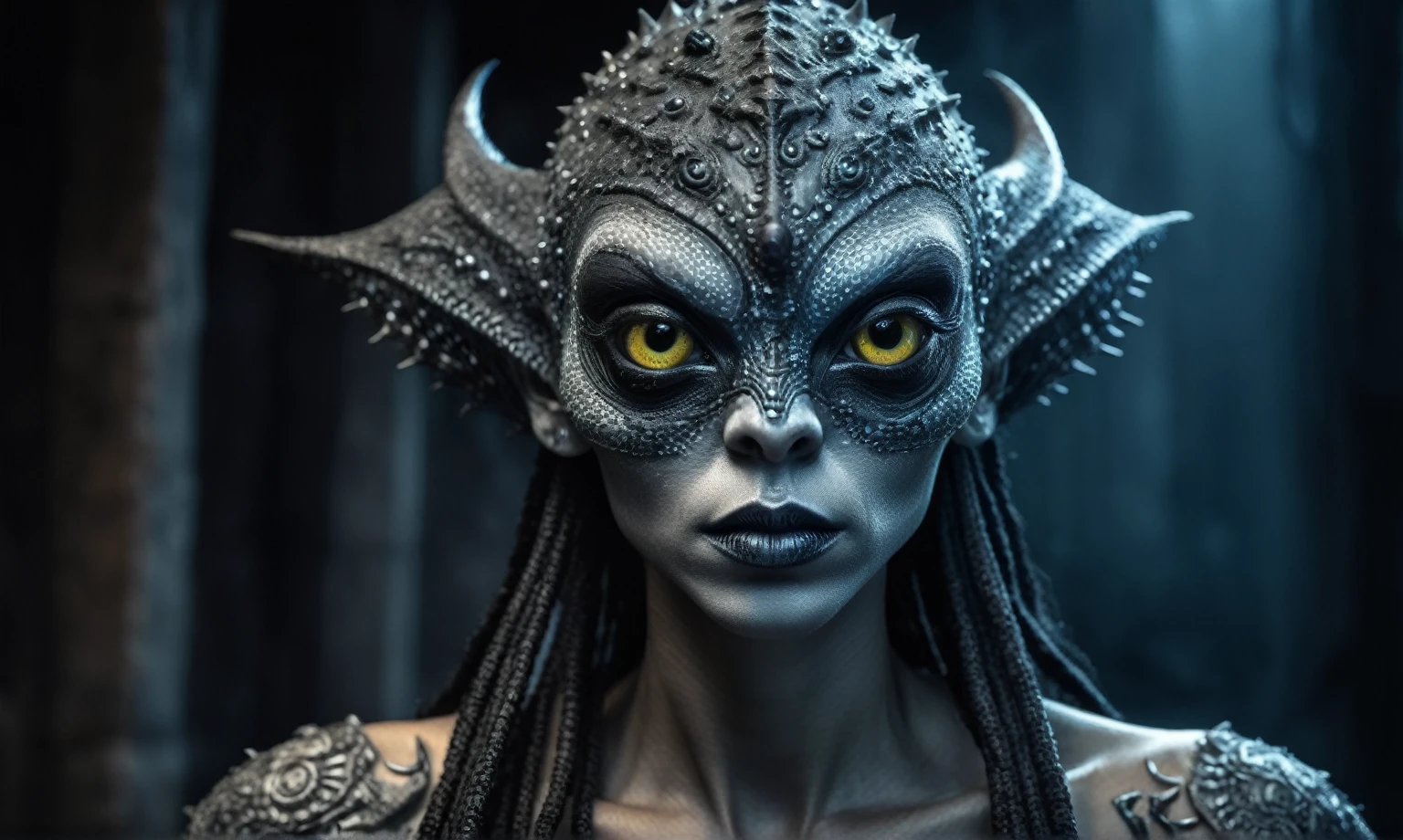 full body length shot,nerd graphite  Alien Entity,native africa slave ,nowadays azctec central city,Cinematic,soft colors, Technicolor,natural skin textures, hyper realism, hyper detailed,Extremely detailed,High contrast,Masterpiece,Realistic,Ultra Detailed, intricate details,realistic humid leather,extremely intricate details,Epic Realistic, cinematic style, irina yermolova,high contrast,hdr,extremely detailed, [deep night landscape],masterpiece, intricate details, eyes extremely detailed, high detailed eyes,8k resolution,retina, Nikon Z9,Korea,orc,, Pisces, transition between two art styles, Double contact, X-ray, Creative, vivid light, fantasy, Abstract, Surrealism, super detailed, high resolution,insanity wear,skin  almost translucent,  symbols of mourning and gothic elements, further emphasizing its dark air,Mestichino,Light particles,chaos,starfish's leather
