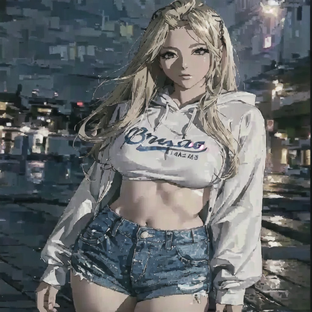 blonde woman in a white shirt and denim shorts posing for a picture, krystal, ig model | artgerm, 2 4 year old female model, korean women's fashion model, tsukuyo, photo of slim girl model, with long blond hair, casual clothing, girl wearing hoodie, korean girl, ulzzang, bra and shorts streetwear, highly detailed image, 1080